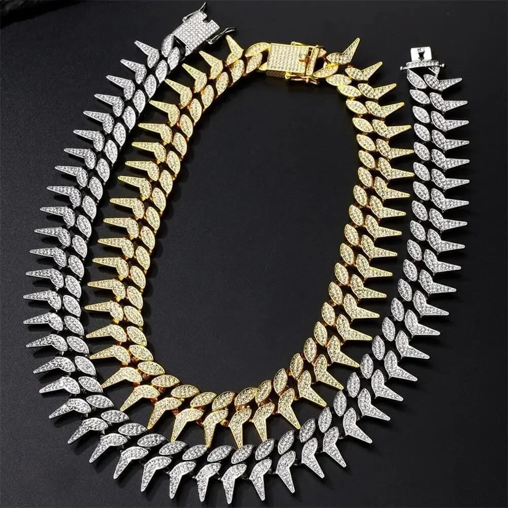 Gold Dog Chain Collar, Cool Spiked Style Necklace Bling Diamond Cuban Link 14in